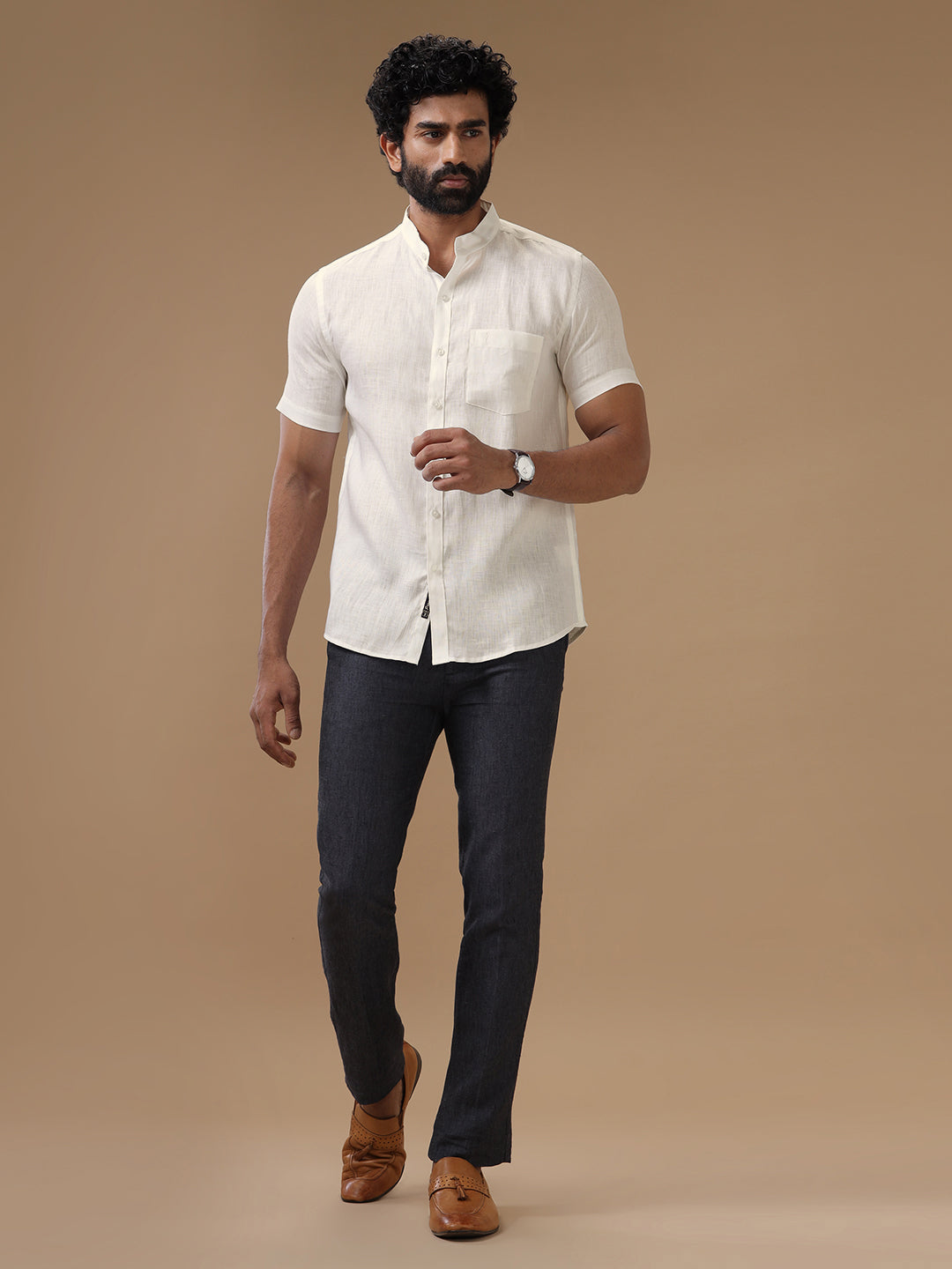 Men Pure Linen Chinese Collar Cream Shirt 5605C