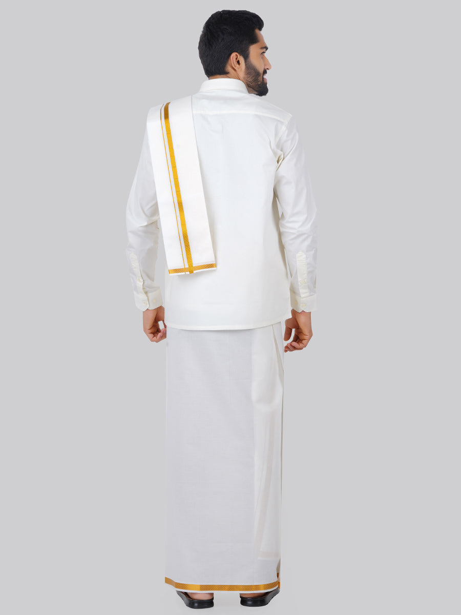 Like Father Like Son Full Sleeves Cream Shirt Dhoti & Towel Set Combo