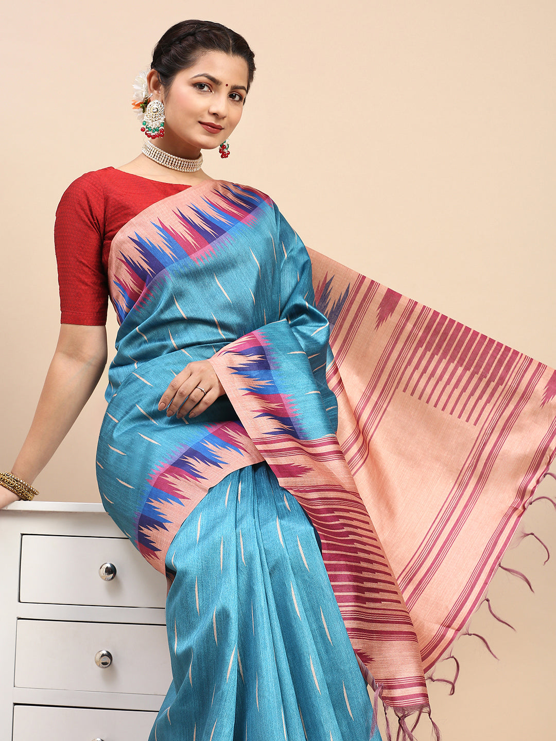 Womens Semi Tussar Weaving Saree Blue ST175