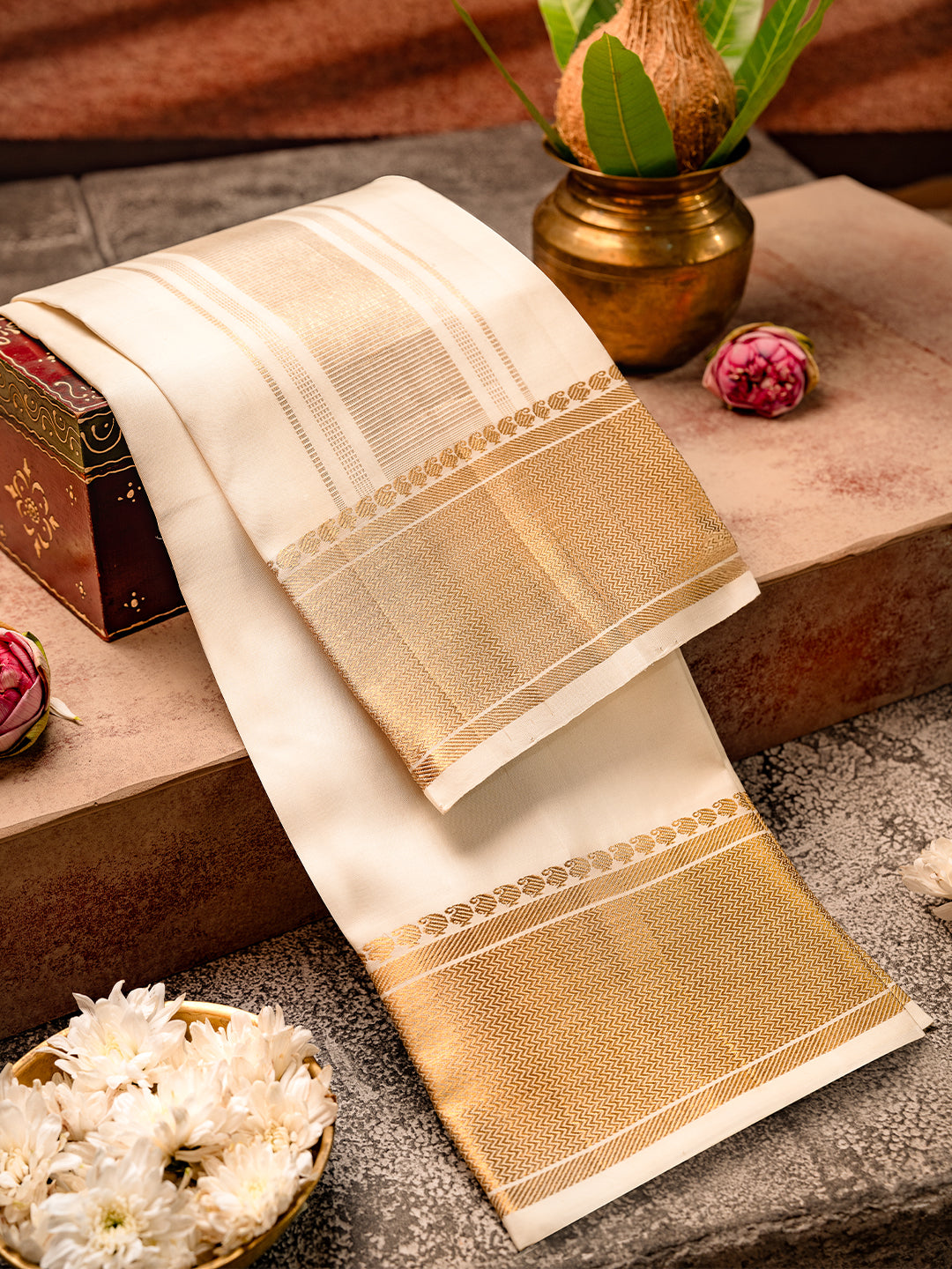 Pure Silk Cream Dhoti with 5" Gold Jari Border - Kalasam