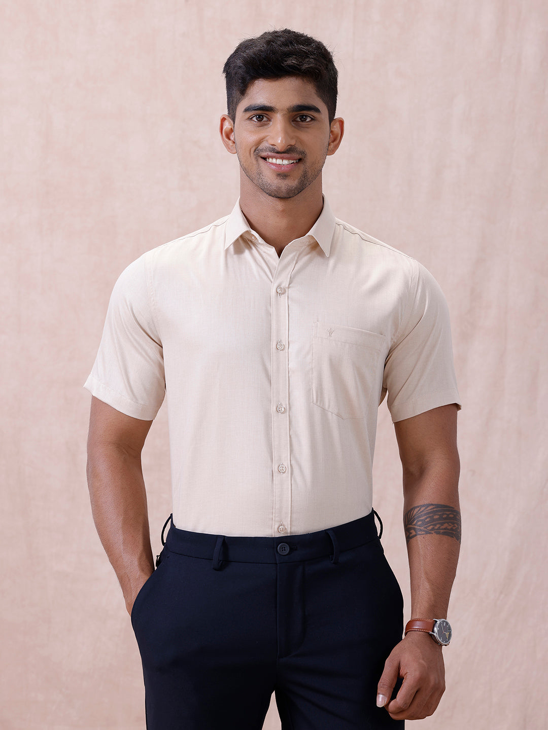 Men Cotton Rich Shirt Lt Beige Sandal T61 AKT1