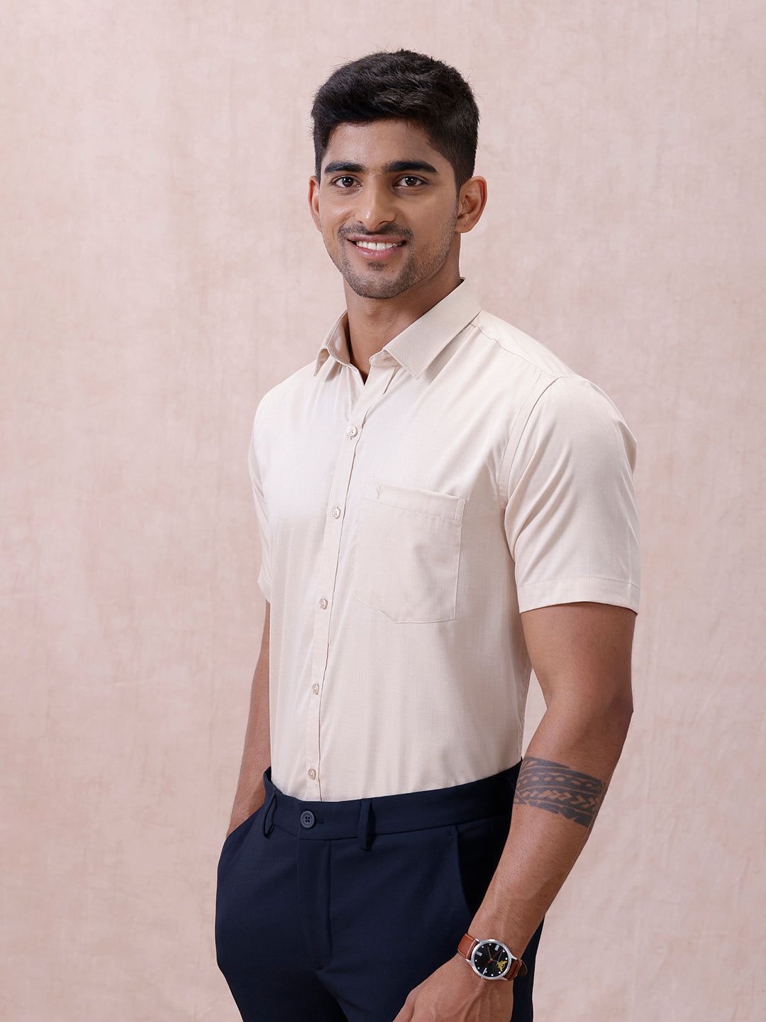 Men Cotton Rich Shirt Lt Beige Sandal T61 AKT1