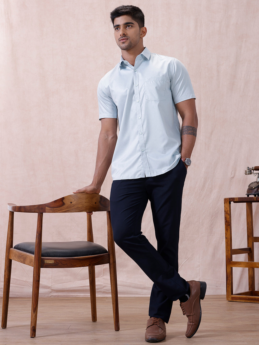 Men Cotton Rich Shirt LT Teal Blue T61 AKT4