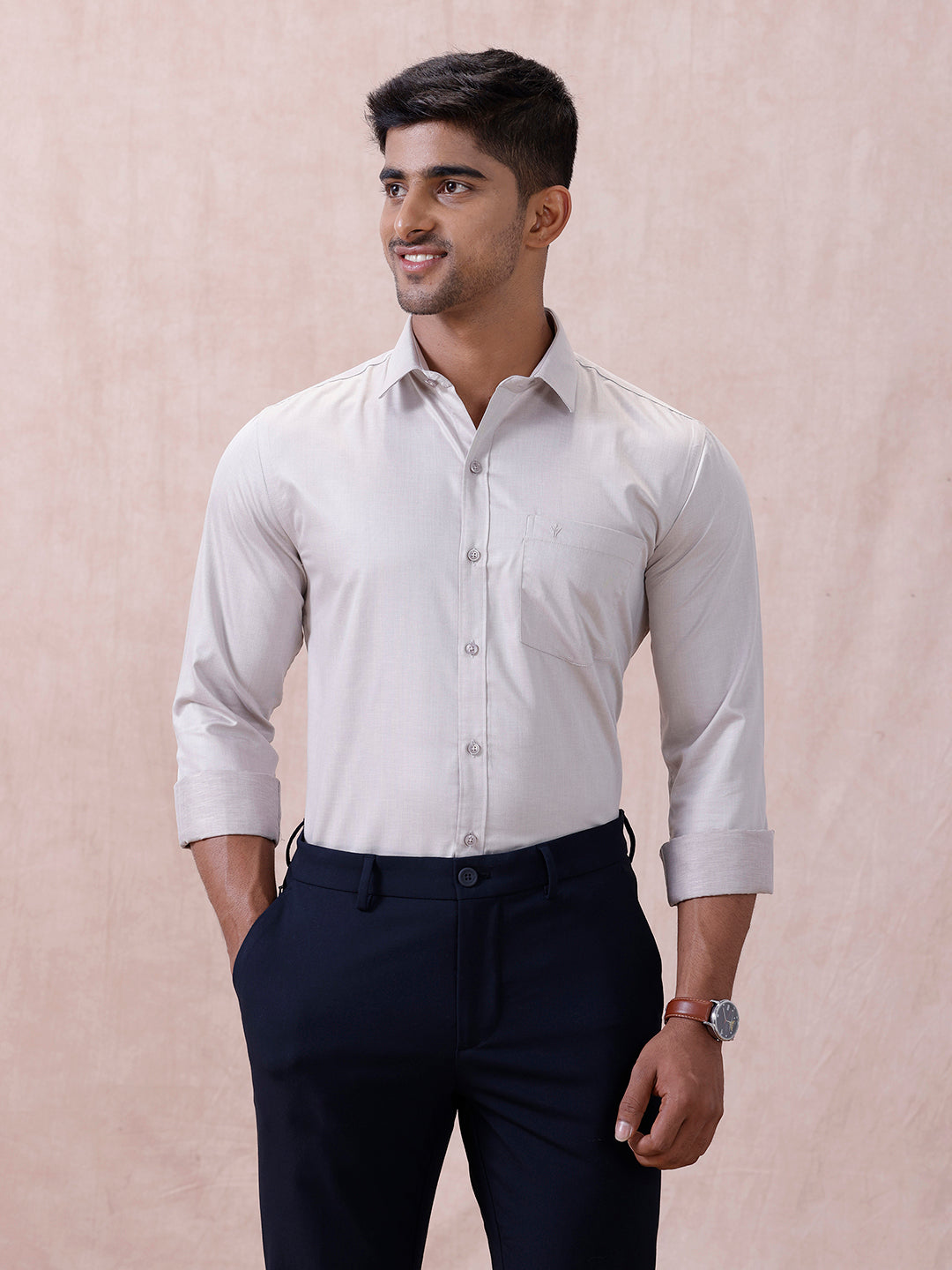 Men Cotton Rich Shirt LT Beige Grey T61 AKT5