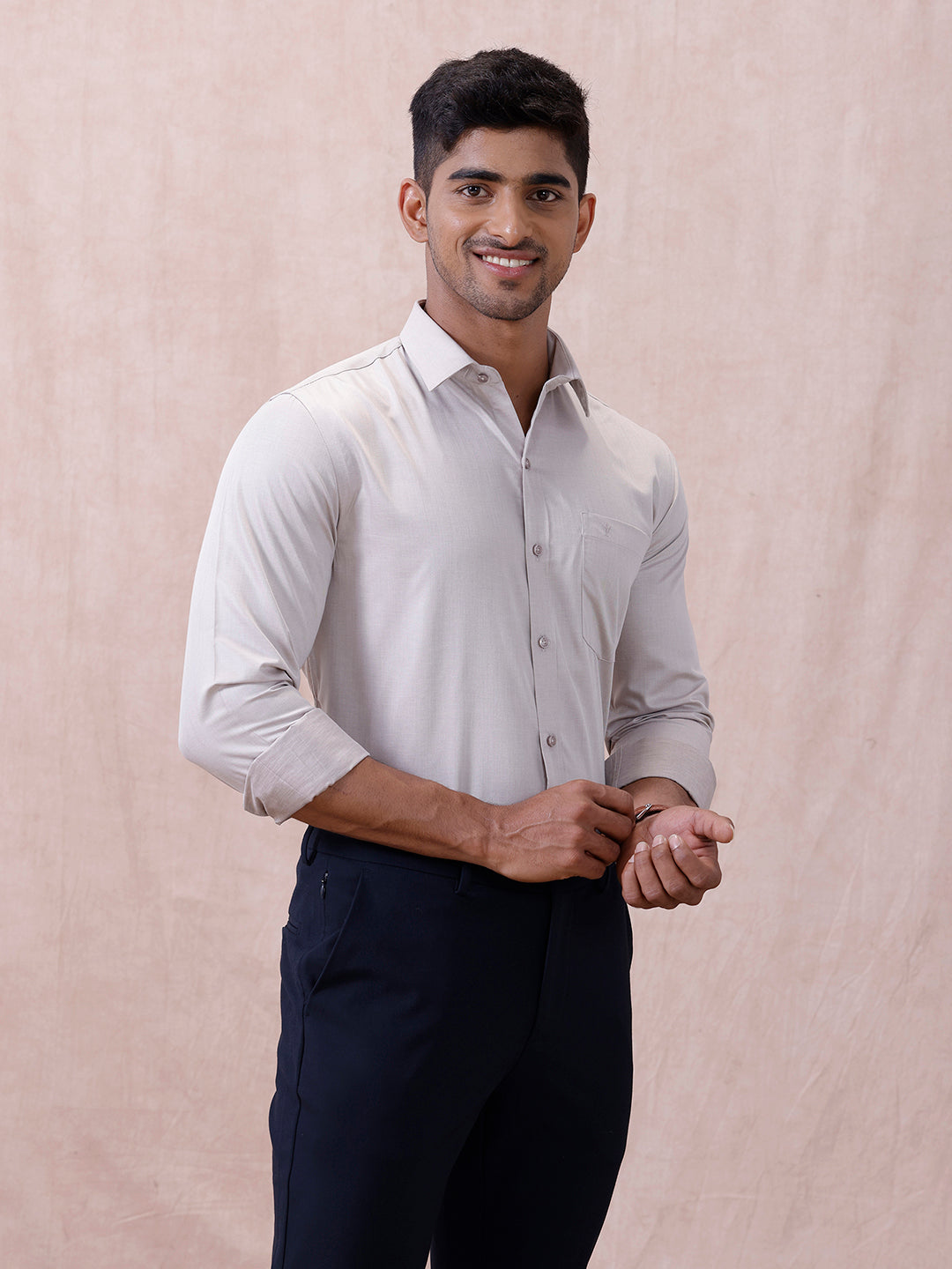 Men Cotton Rich Shirt LT Beige Grey T61 AKT5