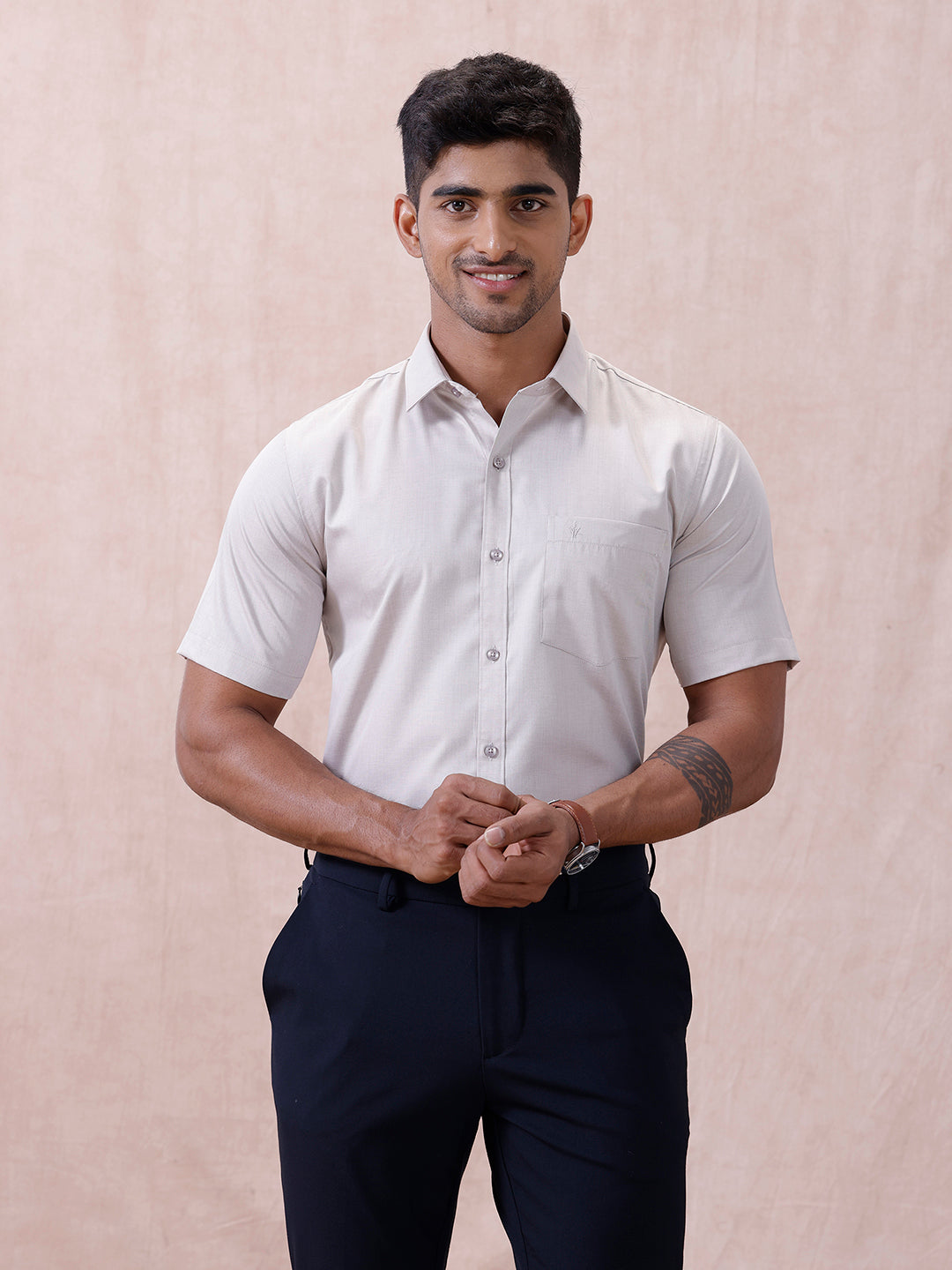 Men Cotton Rich Shirt LT Beige Grey T61 AKT5