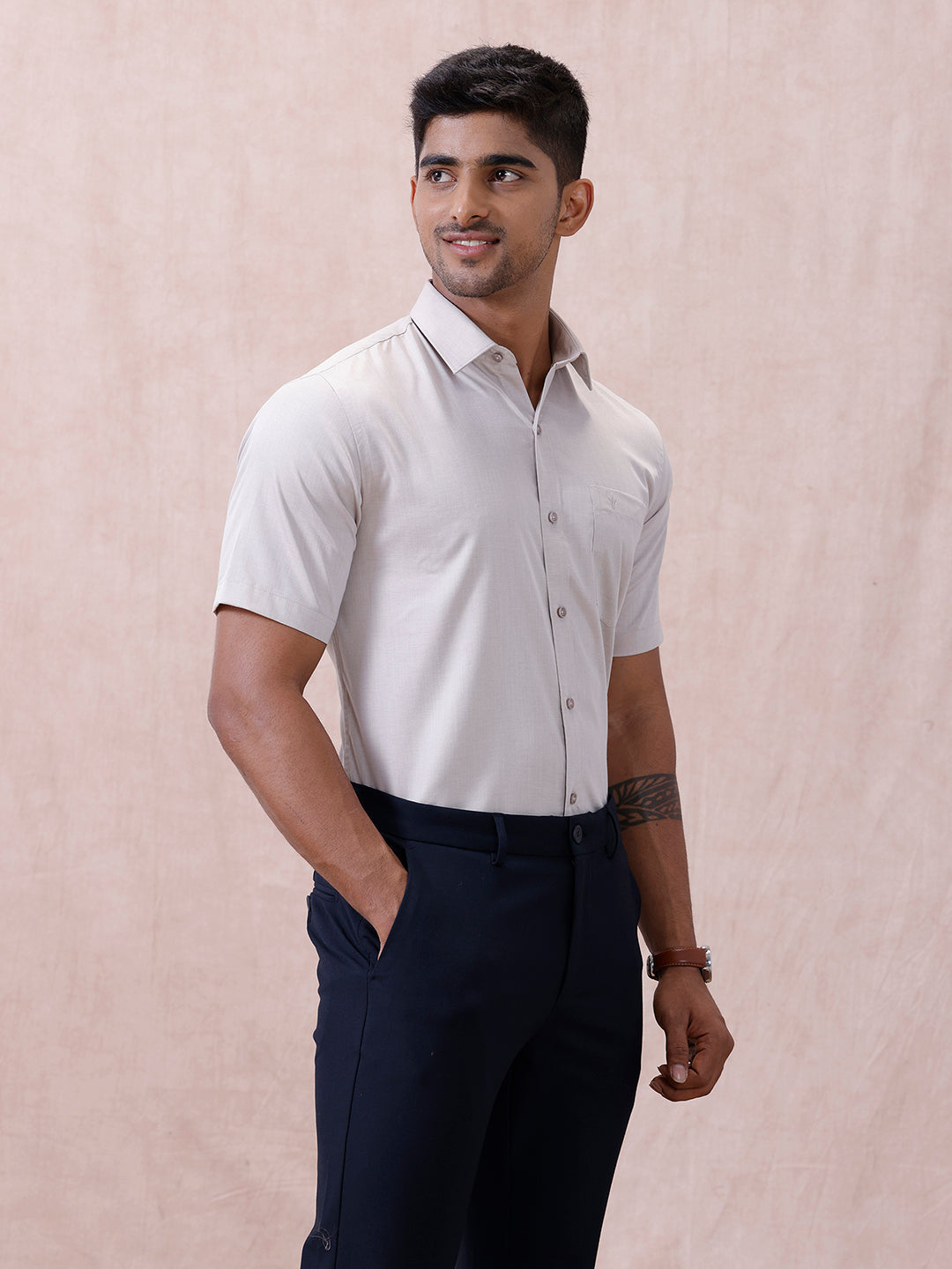 Men Cotton Rich Shirt LT Beige Grey T61 AKT5