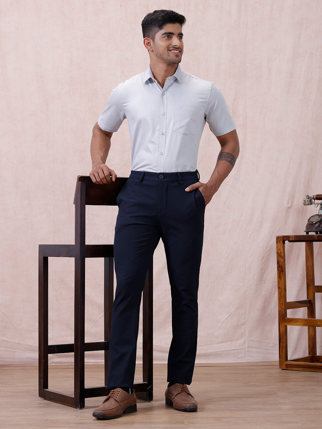 Men Cotton Rich Shirt LT Blue Grey T61 AKT6