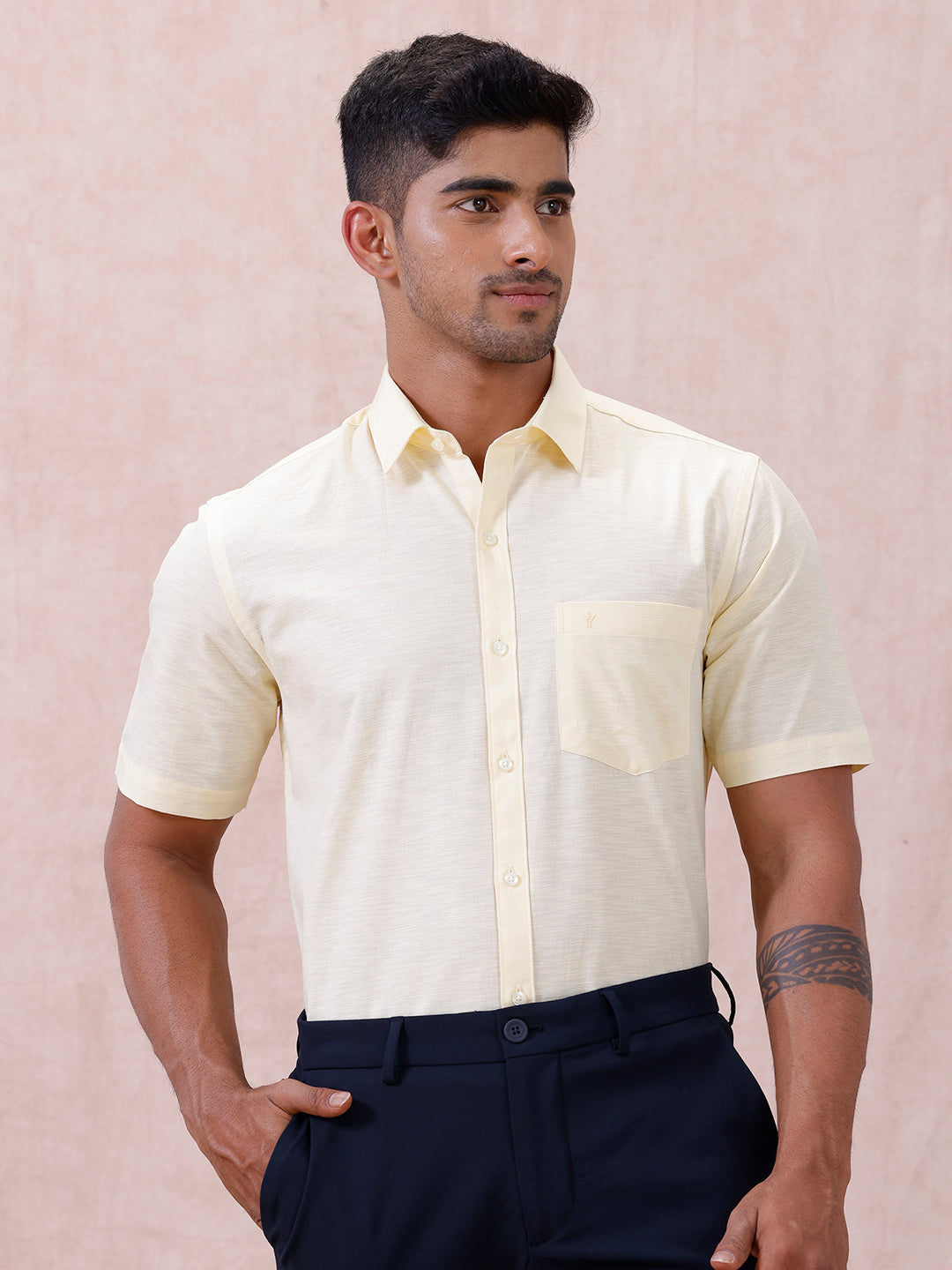 Men Cotton Rich Shirt LT Pale Yellow T64 ANT3
