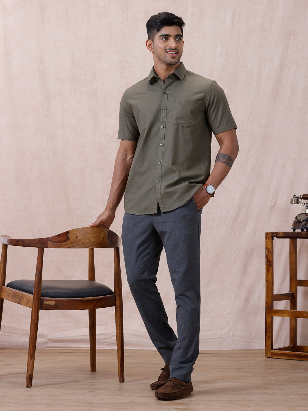 Men Cotton Rich Shirt DK Leaf Green T64 ANT9