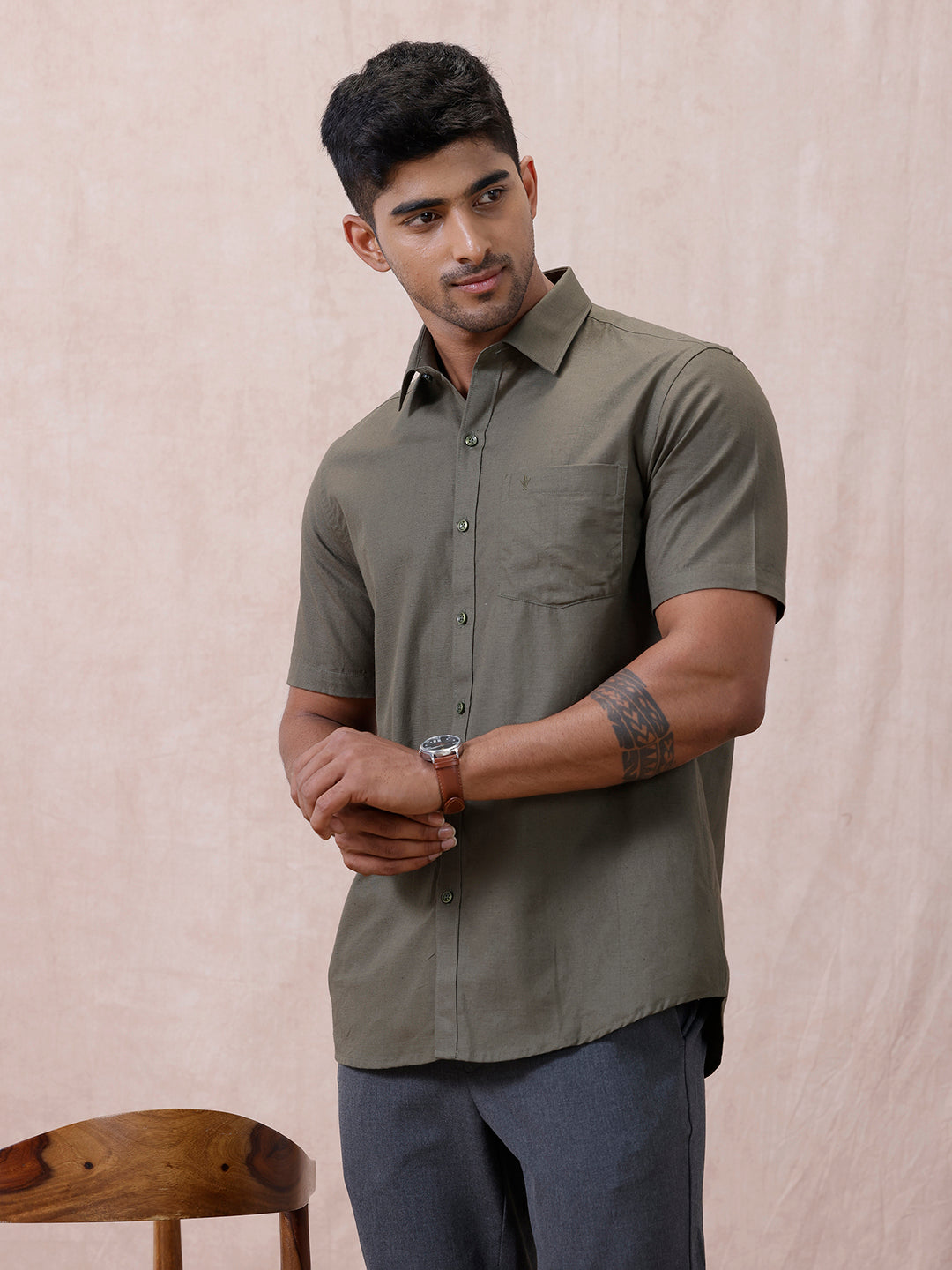 Men Cotton Rich Shirt DK Leaf Green T64 ANT9
