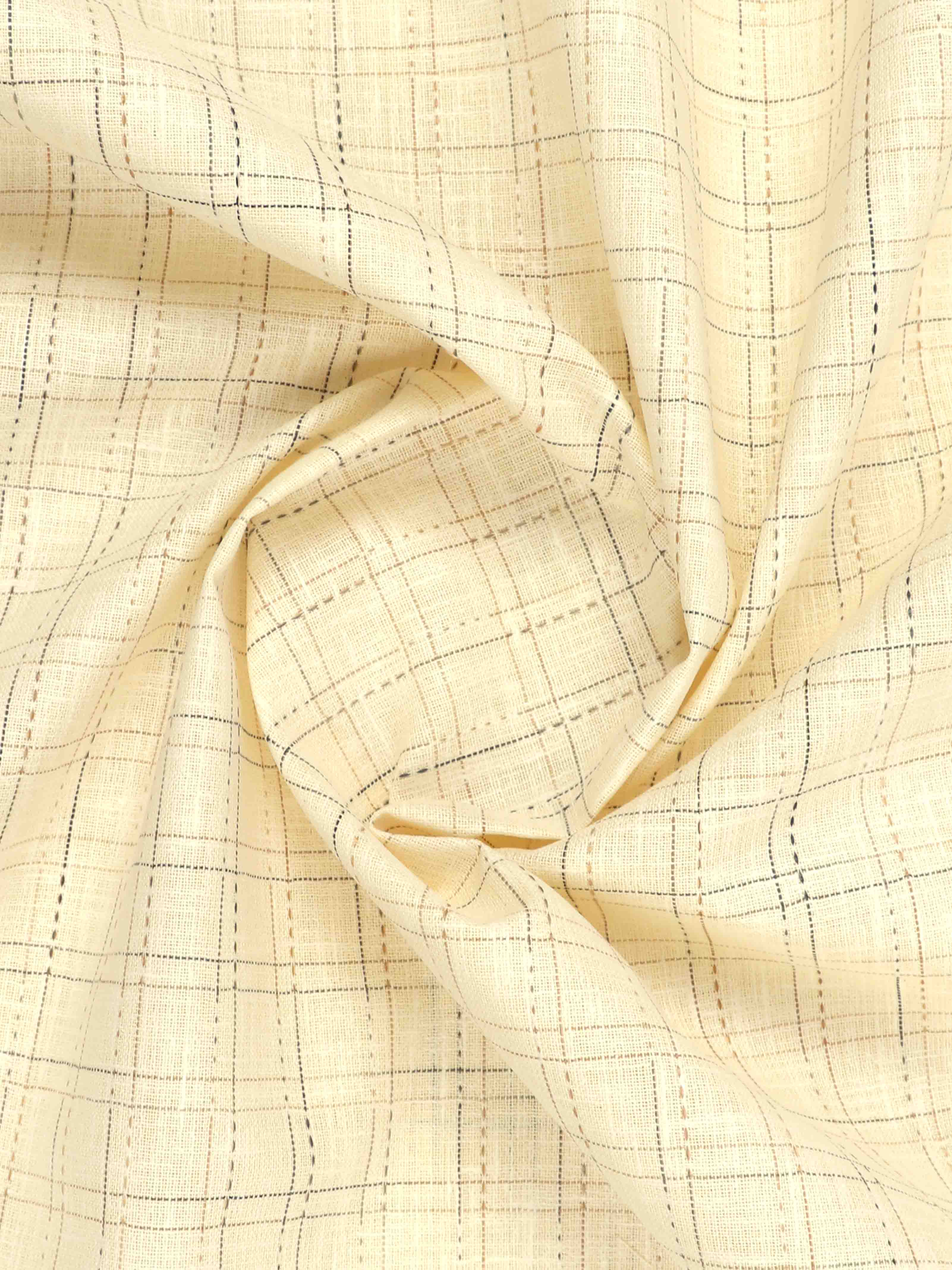 Cotton Blend Dark Sandal Colour Checked Shirt Fabric Elight Gold-Close view