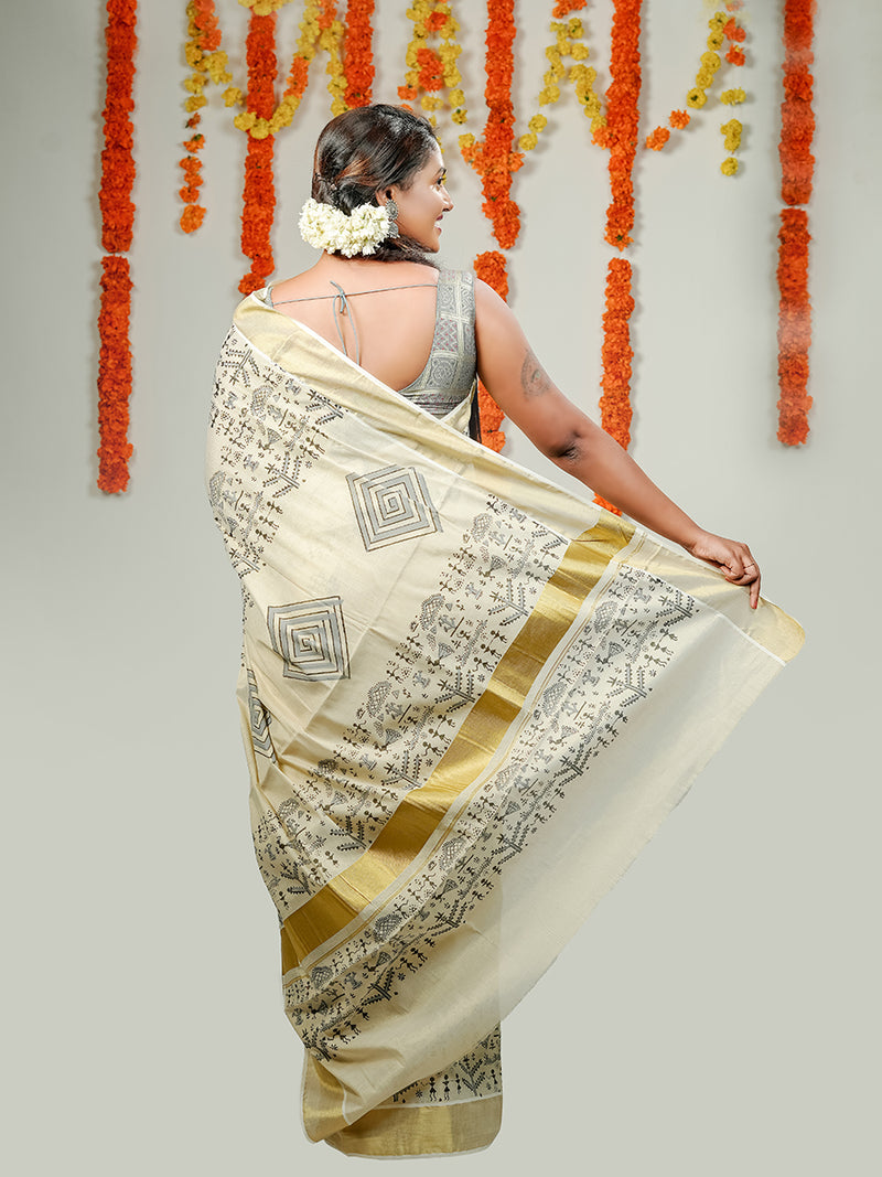 Womens Kerala Tissue Printed Gold Jari Border Saree OKS33
