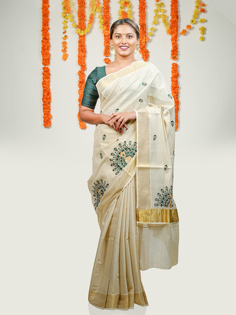 Womens Kerala Tissue Peacock Design Embroidery Gold Jari Saree KS81 Onam Collction