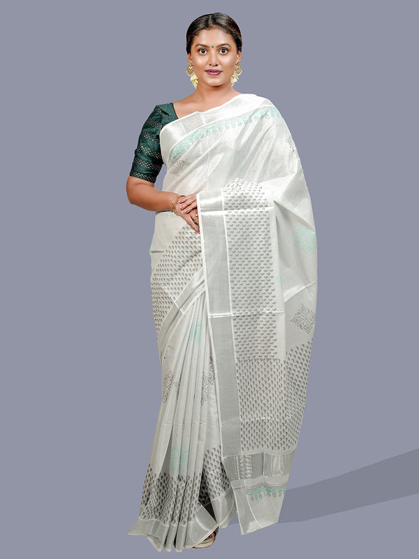 Womens Kerala Tissue Printed Silver Jari Border Saree OKS28
