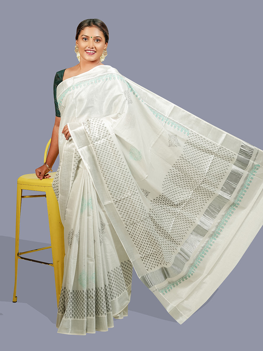 Womens Kerala Tissue Printed Silver Jari Border Saree OKS28-Front view