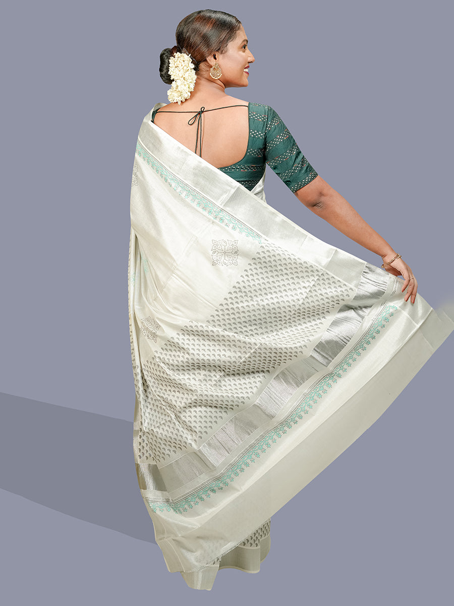 Womens Kerala Tissue Printed Silver Jari Border Saree OKS28-Back view