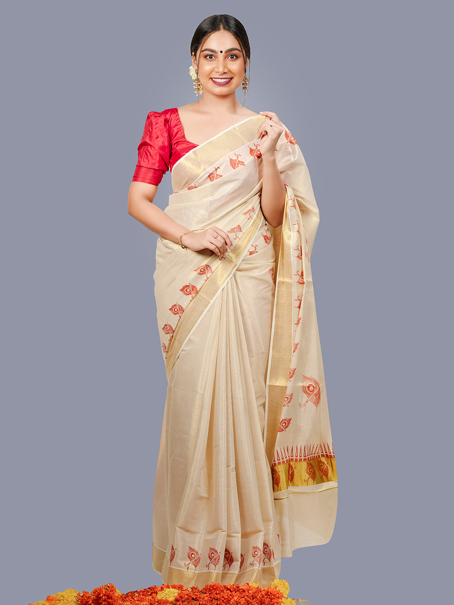 Womens Kerala Tissue Leaf with Flute Printed Gold Jari & Brown Border Saree OKS13 Onam Collection