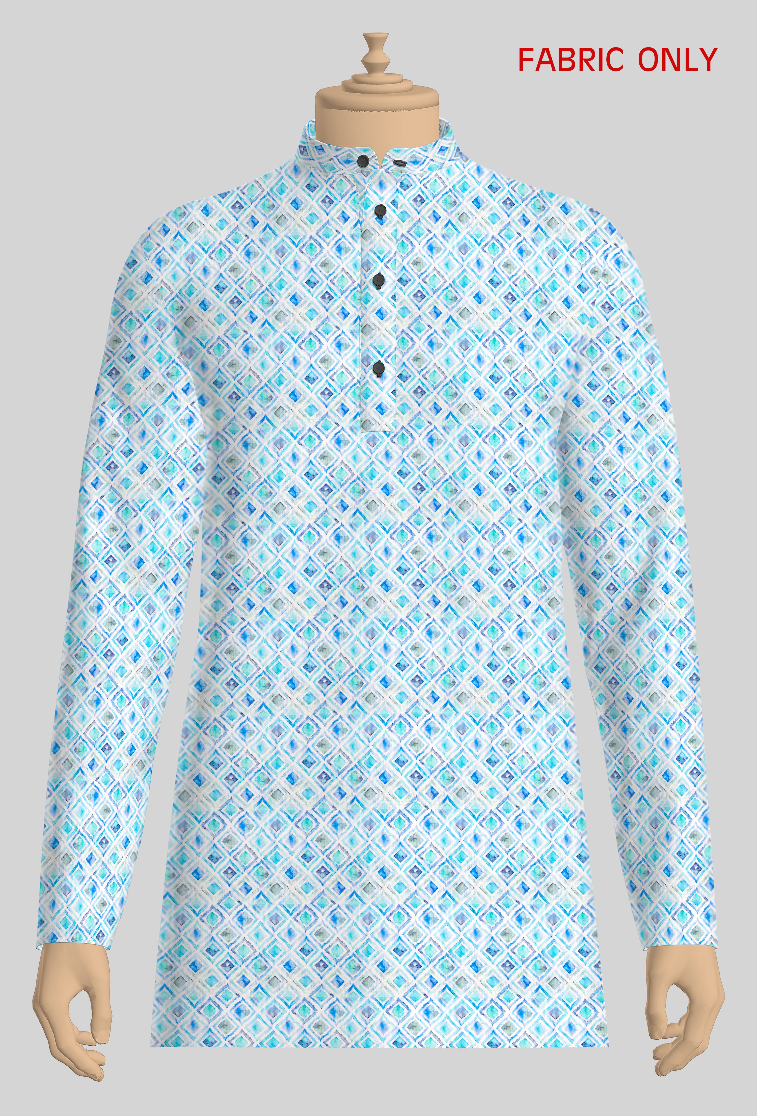 Men Cotton Printed Kurta Fabric SkyBlue Hanhai