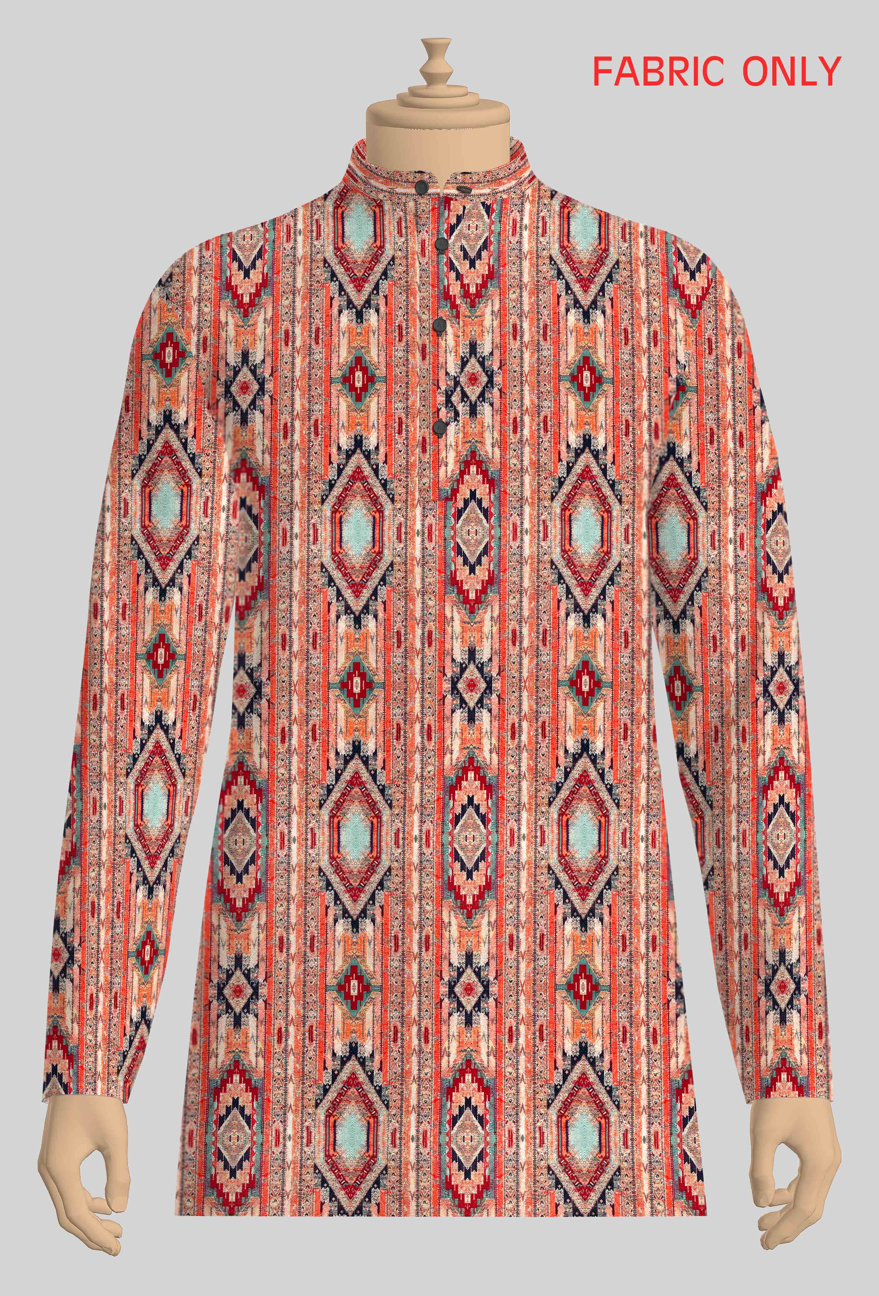 Men Cotton Printed Kurta Fabric Orange with Brown Hanhai