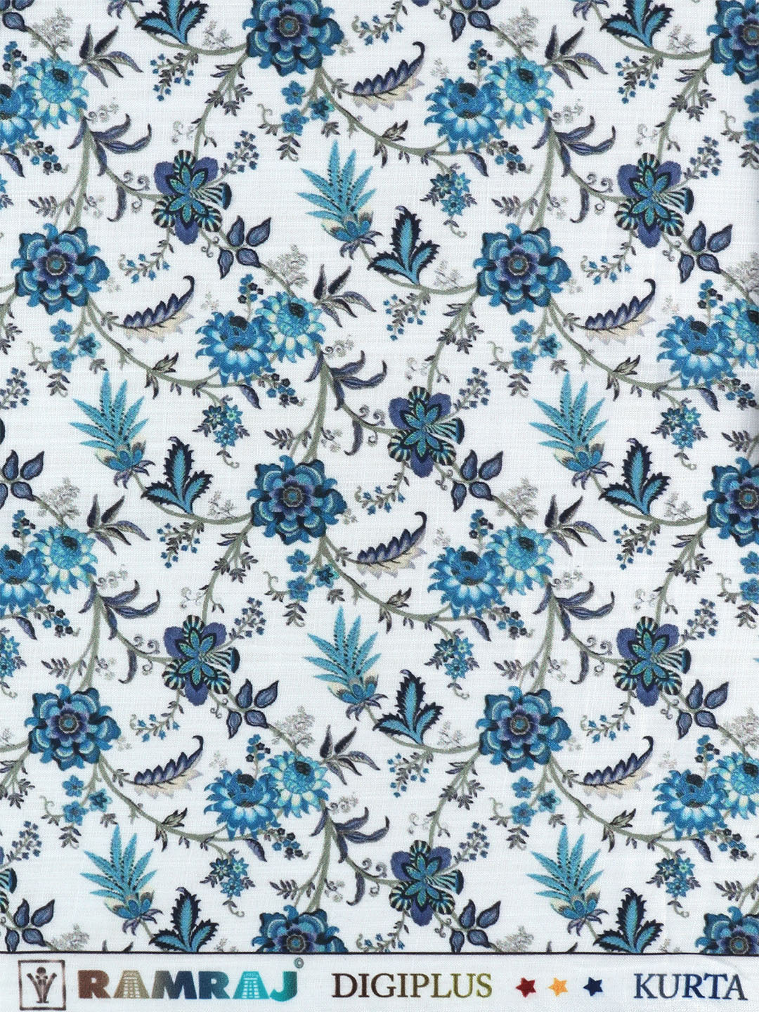 Men Cotton Blend White with Blue Printed Shirt Fabric Hanhai