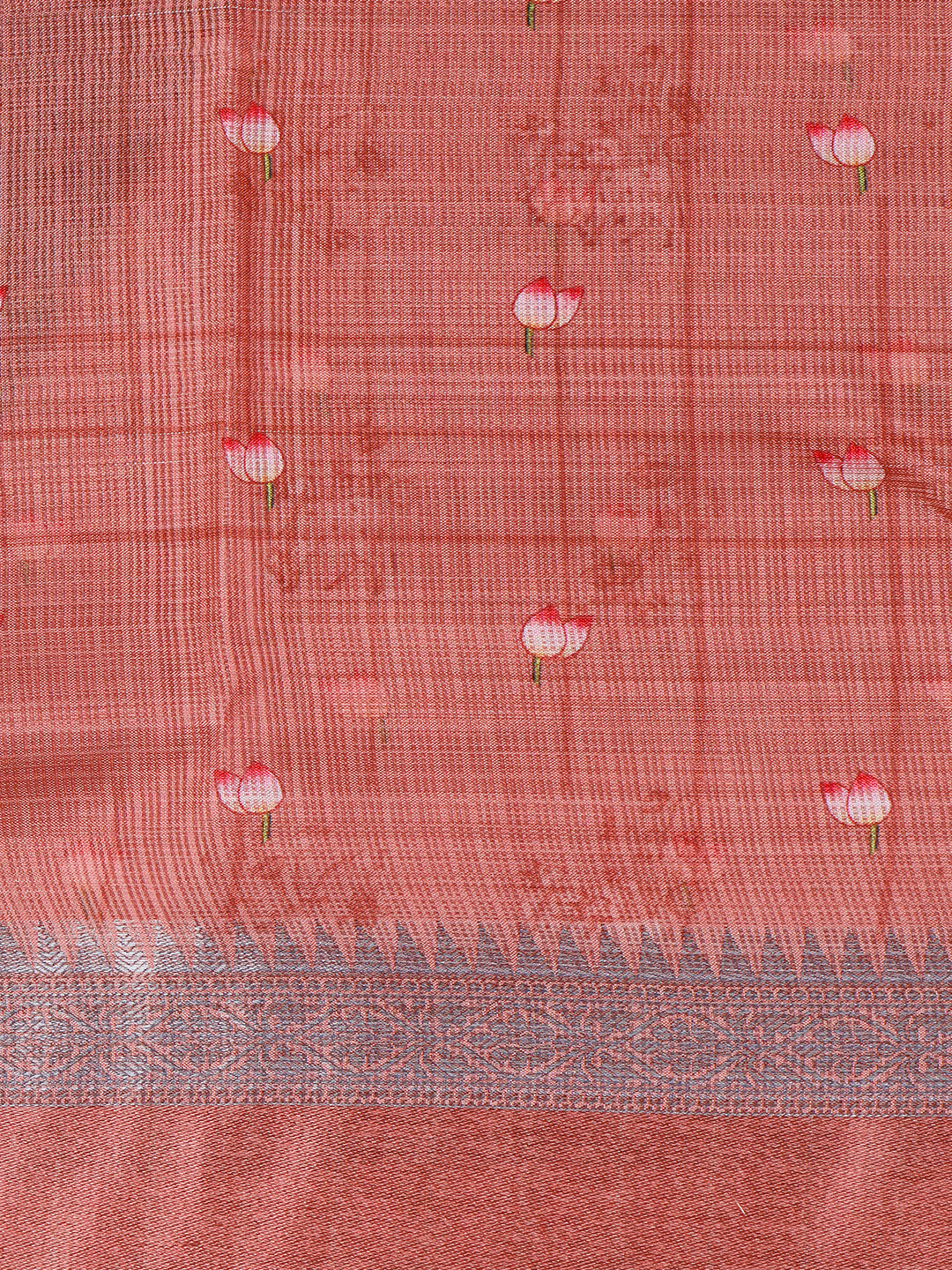 Womens Semi Tussar Green & Peach Flower Printed Saree with Tassels STP19-Pattern view