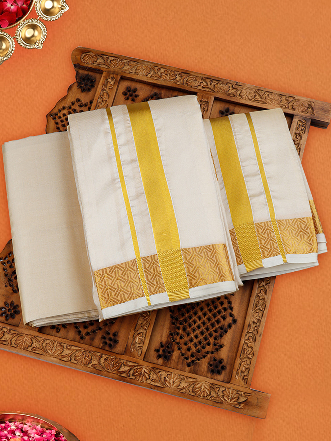 Premium Pure Silk Plain Golden Tissue Shirt Bit, 2" Dhoti & Angavasthram Set Rajahamsa