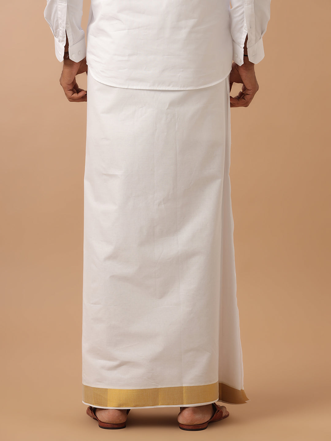 Men White with 2" inch Gold Jari Border Double Layer Dhoti Gold Special Pet