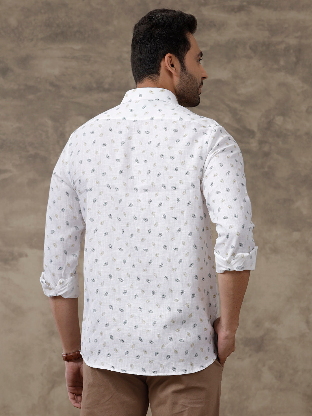 Men Pure Linen Printed Shirt White LS68