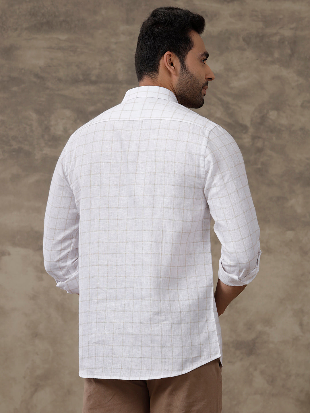 Men Pure Linen Checked Shirt White LS51