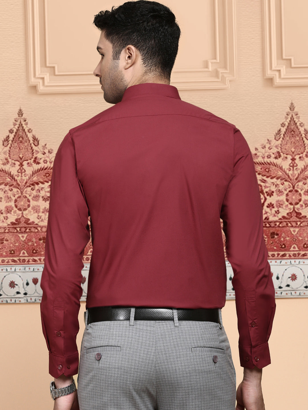 Men Cotton Spandex 2 Way Stretch Shirt Maroon LY6