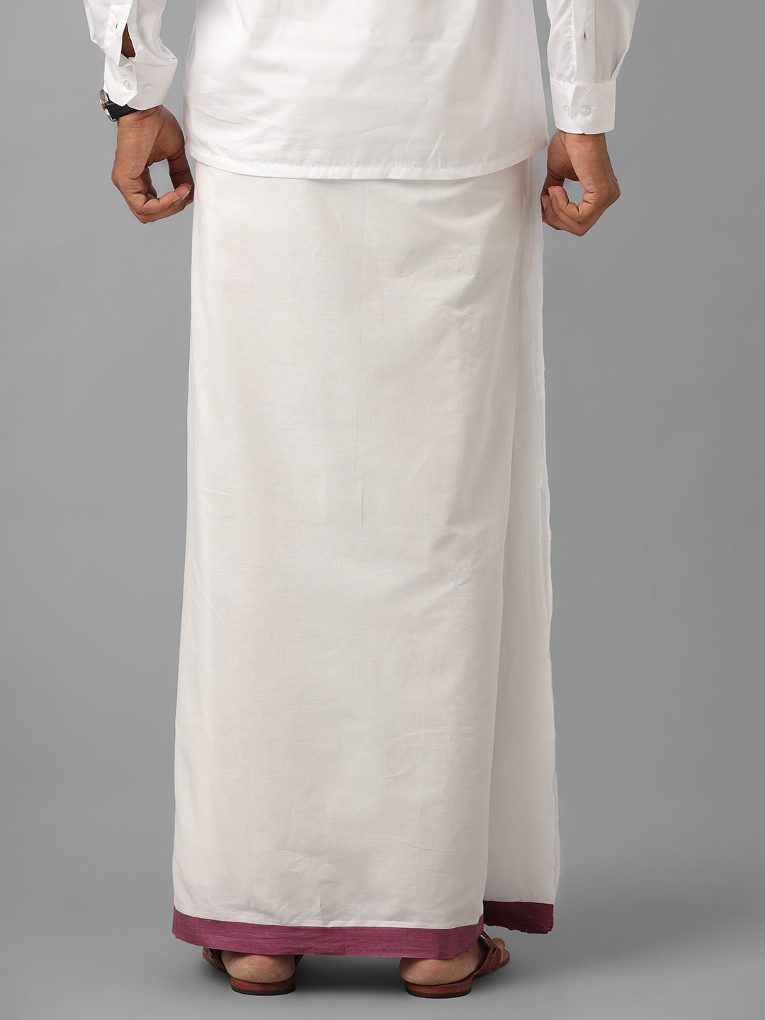 Mens Pure Cotton Maroon with Silver Border Double Dhoti