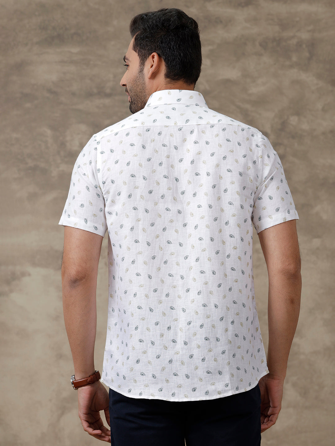 Men Pure Linen Printed Shirt White - LS68