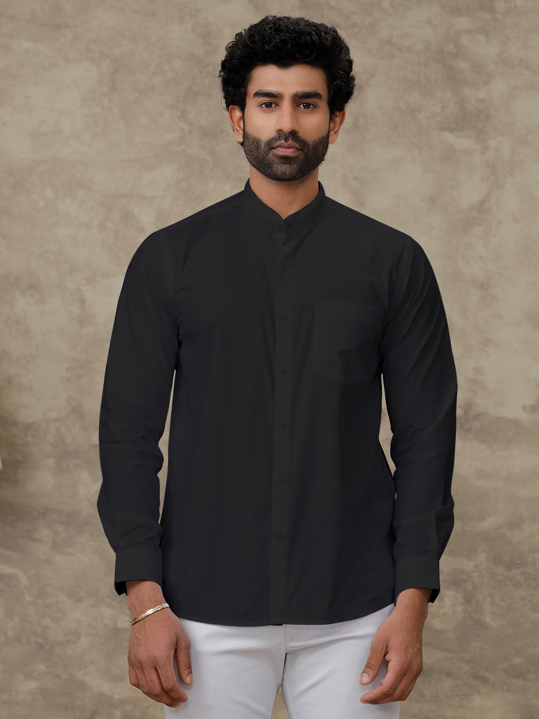 Men Cotton Rich Chinese Collar Shirt Culture Club Black