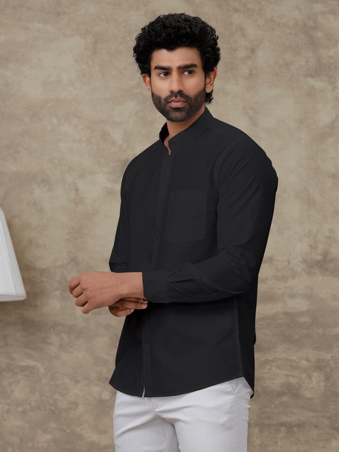 Men Cotton Rich Black Chinese Collar Shirt Combo (2 Pcs Pack)