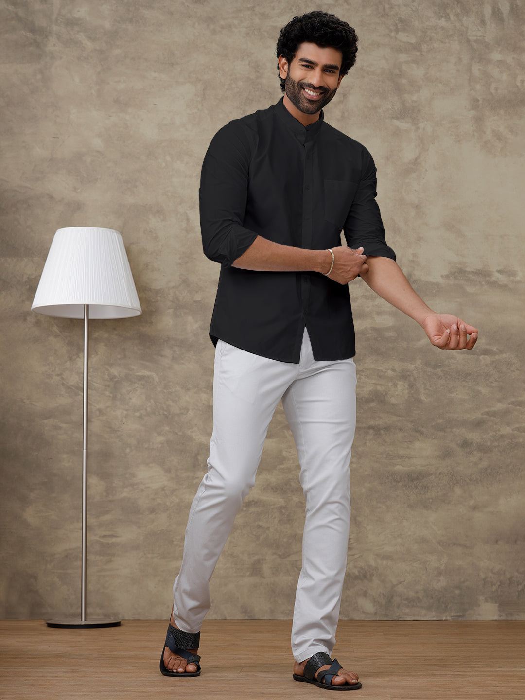 Men Cotton Rich Black Chinese Collar Shirt Combo (2 Pcs Pack)