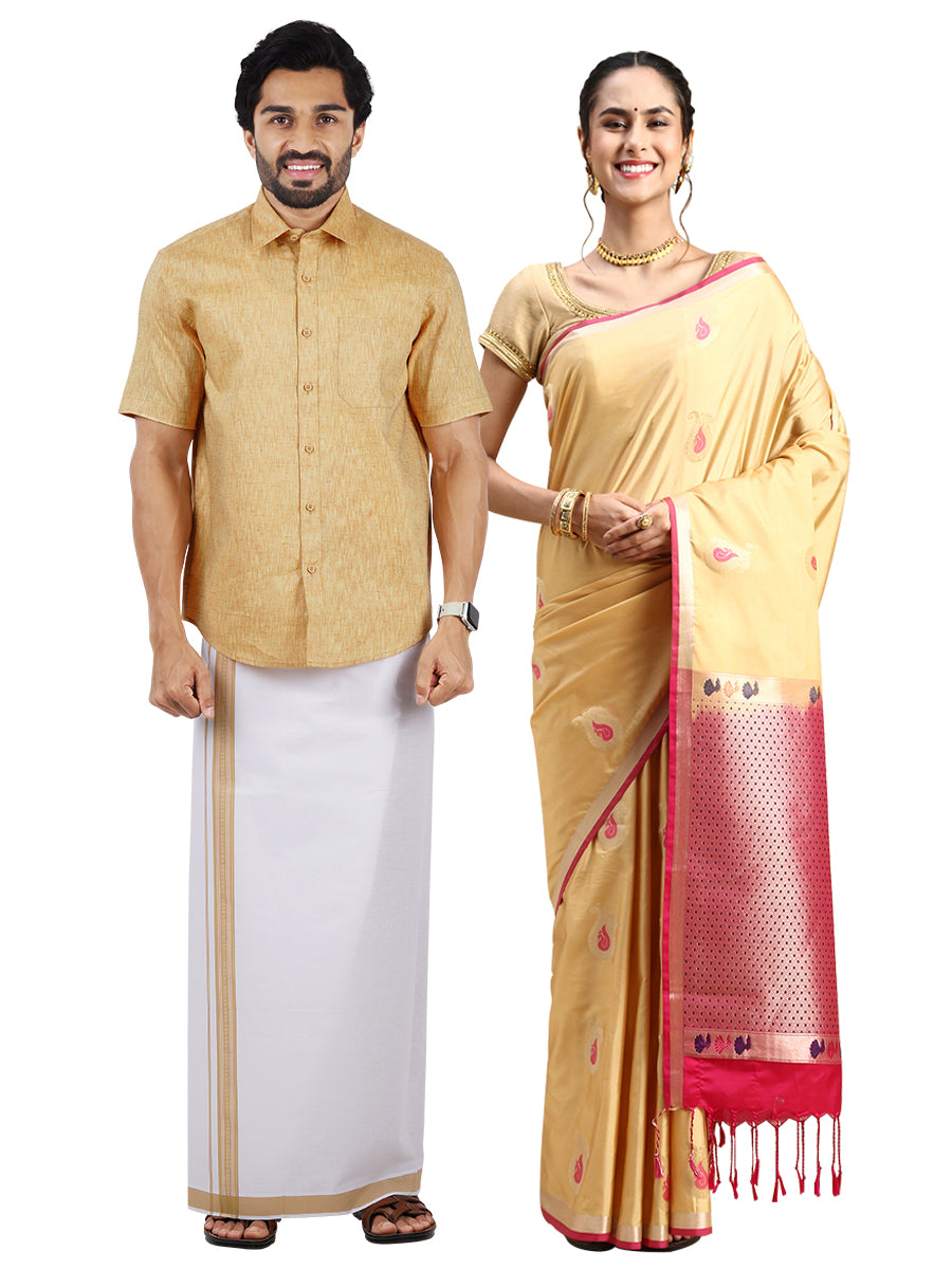 Matching Dhoti Shirt & Semi Silk Saree Couple Combo-Front view