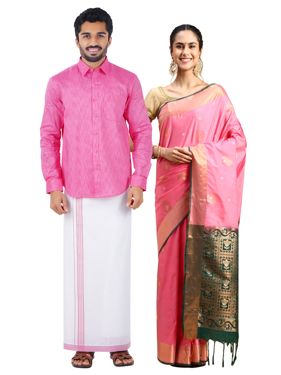 Matching Dhoti Shirt & Semi Silk Saree Couple Combo Pink