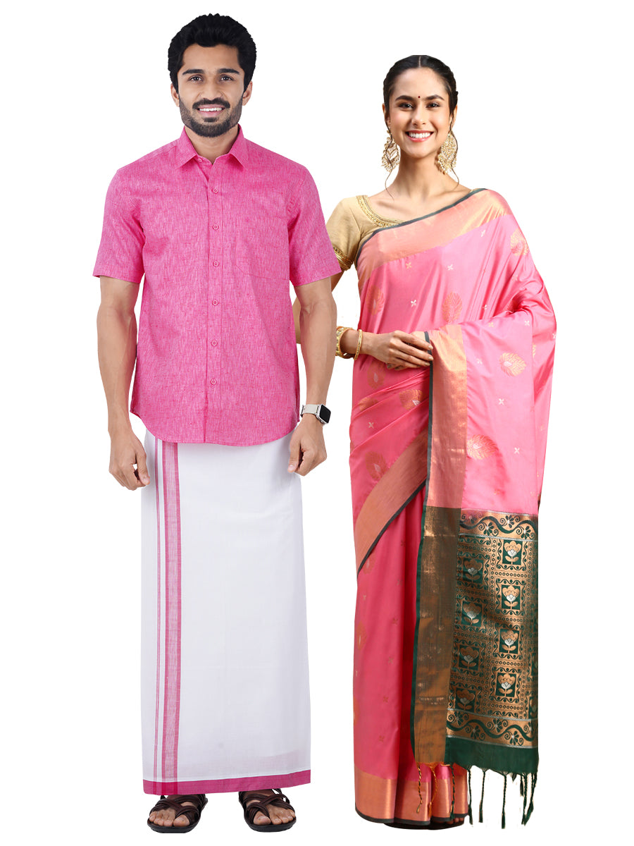Matching Dhoti Shirt & Semi Silk Saree Couple Combo Pink-Full view