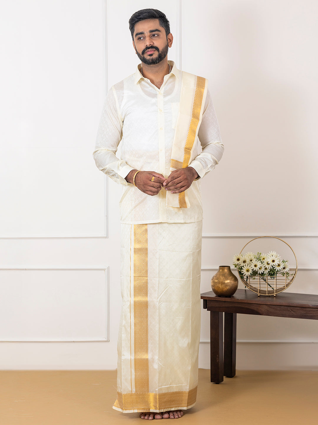 Men Art Silk Cream Self Design Shirt & Dhoti Towel Set Parinayam Grand CRJD4