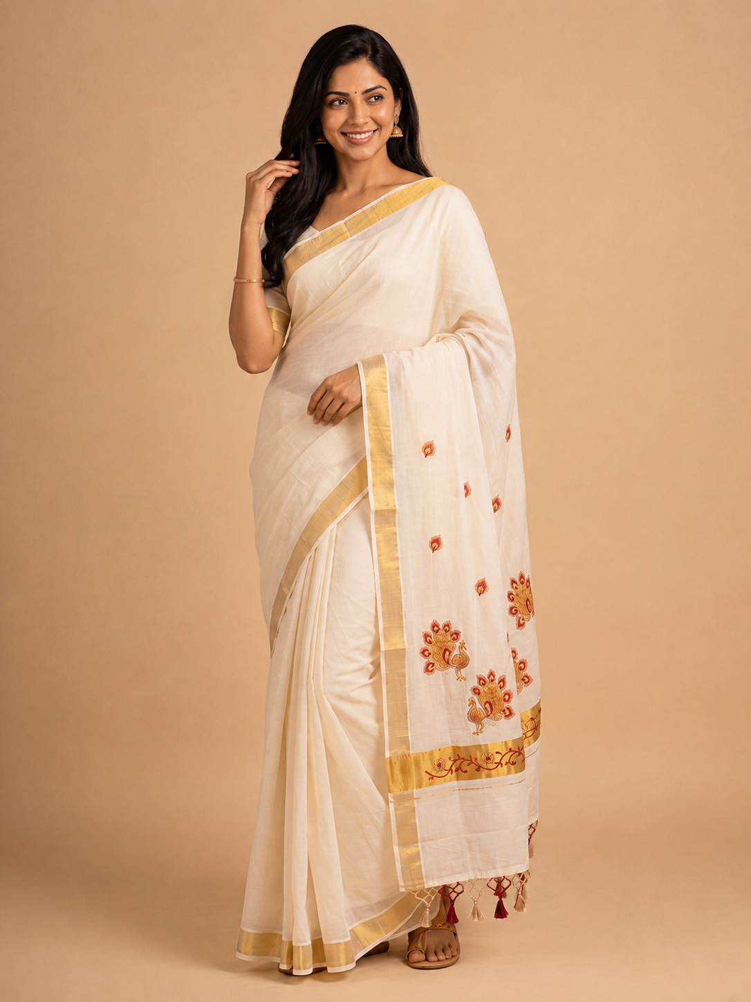Women Kora Cotton Cream Embroidered Saree with Gold Jari KLS65