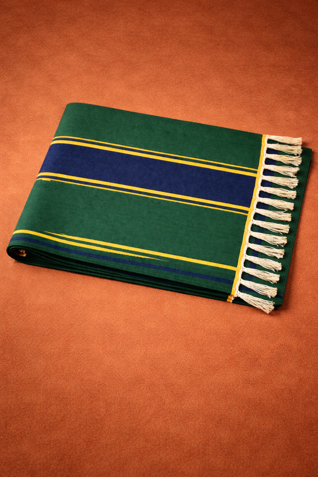 Bhavani Handwoven Cotton Jamakkalam Rug Green Base with Blue & Yellow Stripes (3.25 × 6.5 Ft)