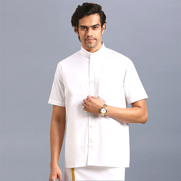 RAMRAJ COTTON Men White Linen Solid Chinese Collar Half Sleeve