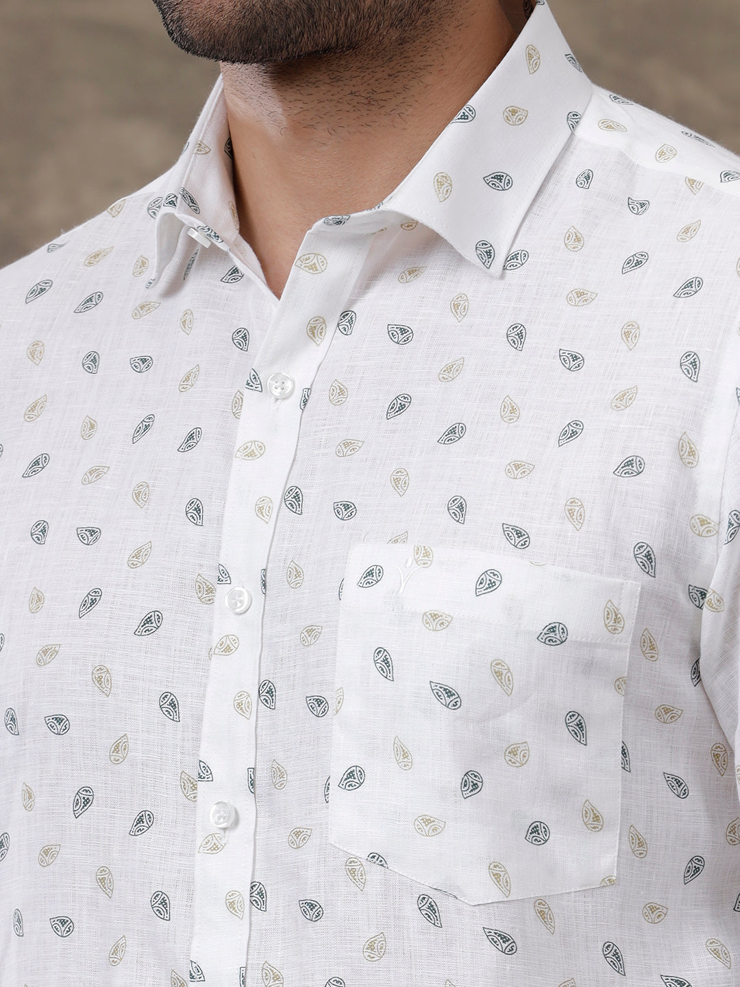 Men Pure Linen Printed Shirt White LS68
