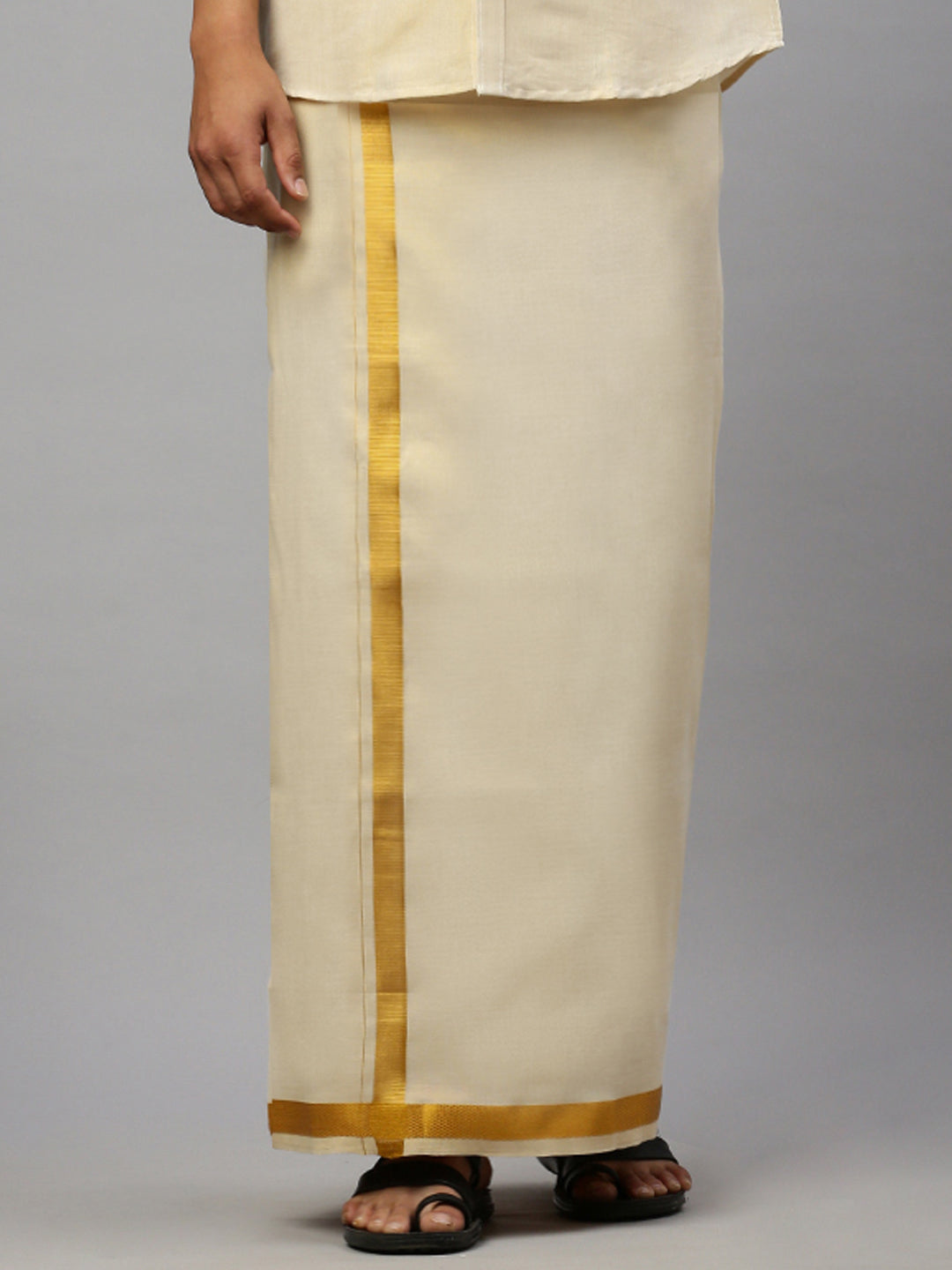 Men Tissue Gold Half Sleeve Shirt Jari Dhoti & Towel Set