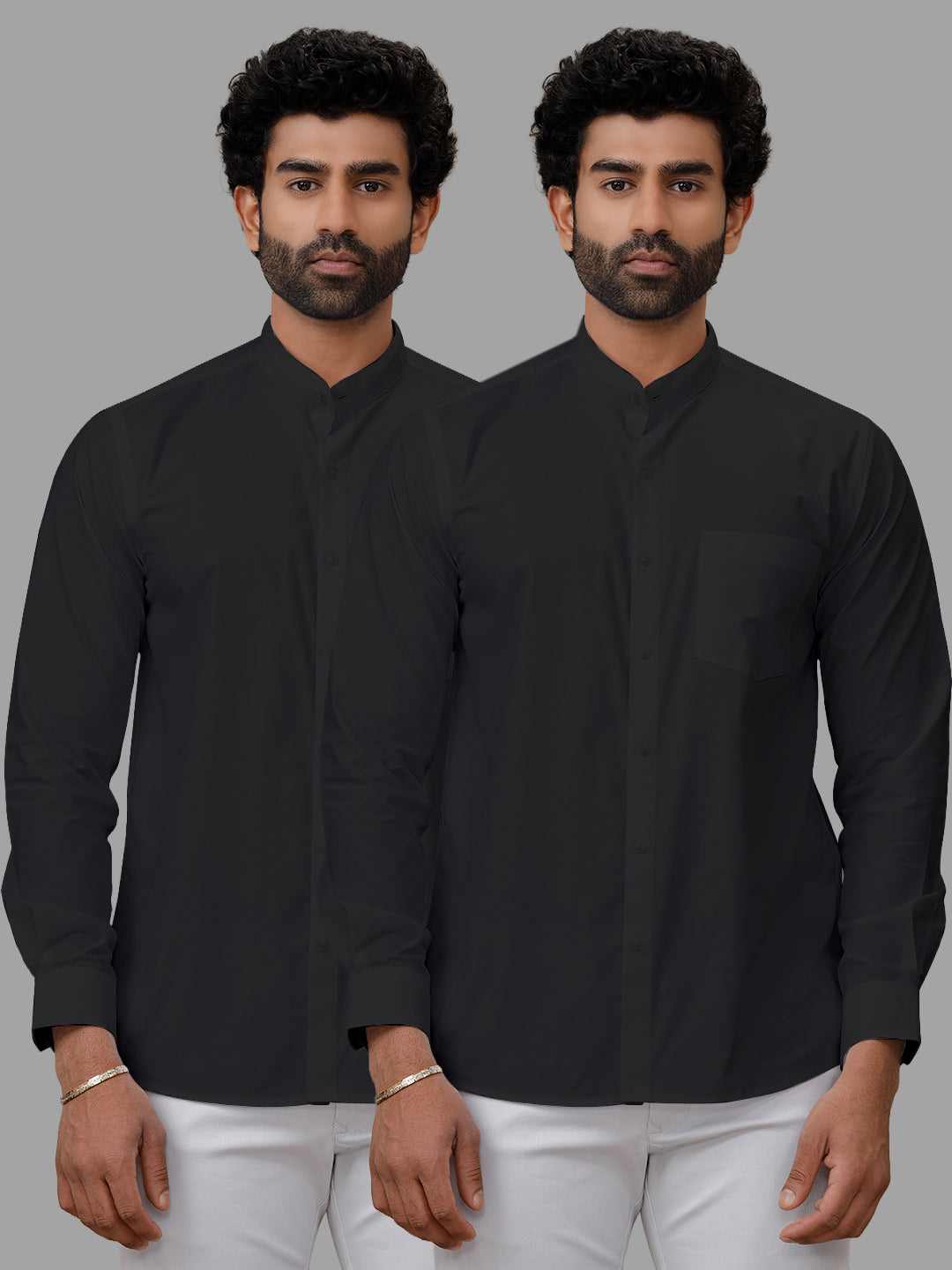Men Cotton Rich Black Chinese Collar Shirt Combo (2 Pcs Pack)