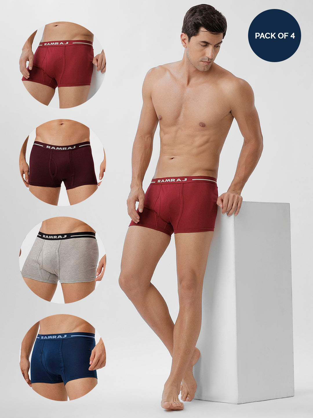 Men Trunks Plus Size 4 Pcs Combo GreyMelange Cherry GrapeWine and SPBlue Vintrack