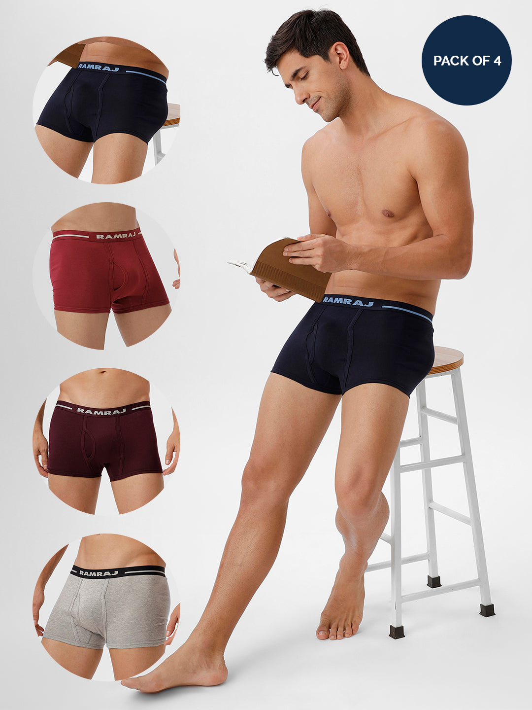 Men Trunks Plus Size 4 Pcs Combo Navy GreyMelange Cherry and GrapeWine Vintrack