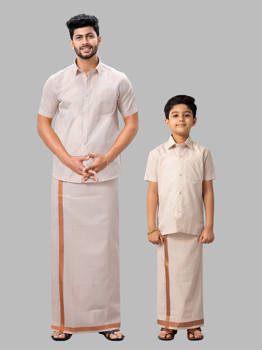 Like Father Like Son Tissue Jari Shirt Dhoti Combo Sankalpam Copper