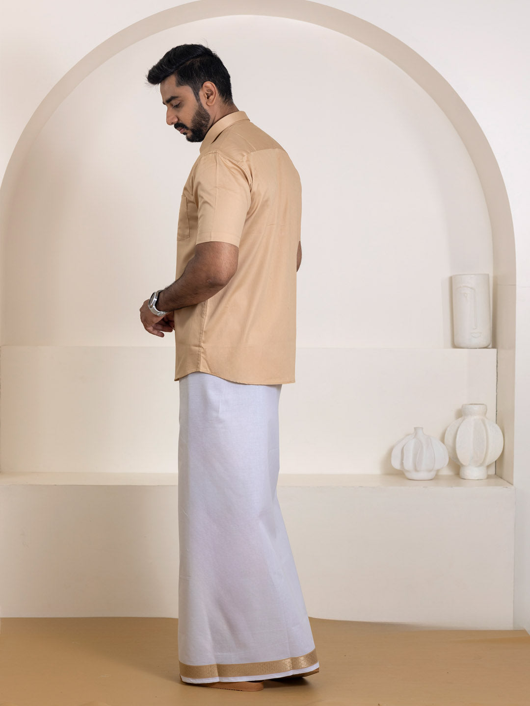 Men 100% Cotton Brown Shirt and Fancy Border Dhoti Set BT1